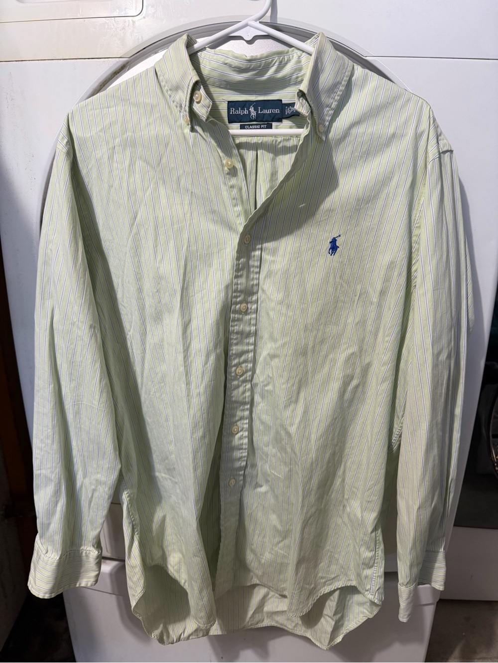 Ralph Lauren Light Green Pinstripe Button-Down Shirt with Blue Pony